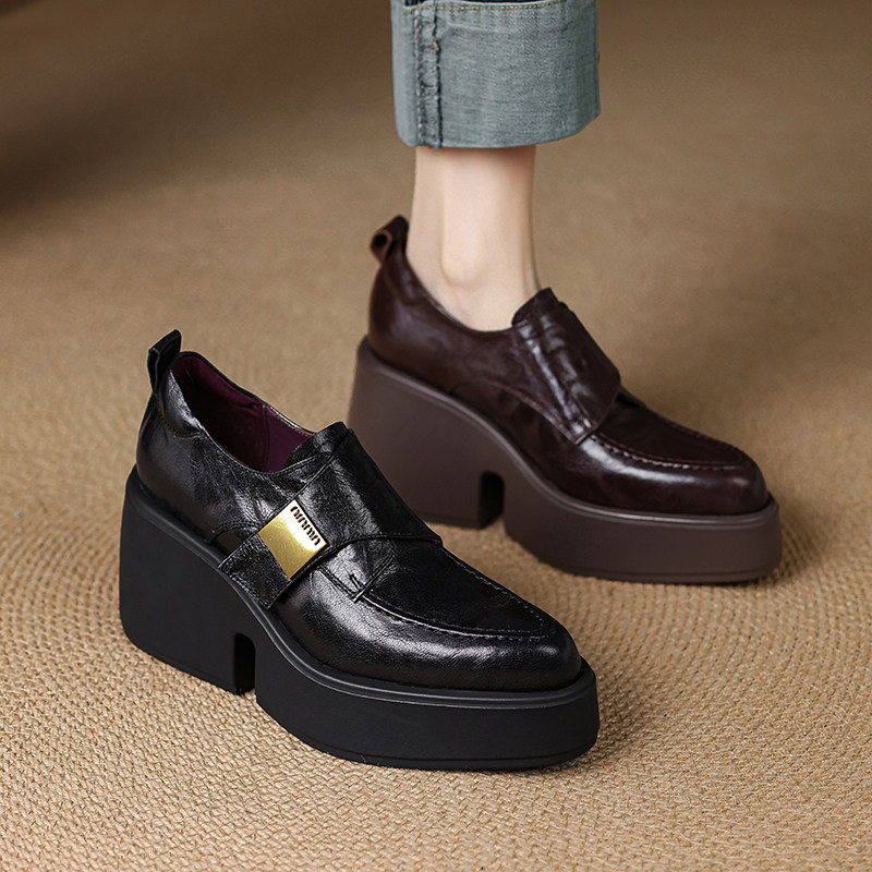 [in Stock] C5288-2 Spring and Autumn New Style Genuine Leather Thick-Soled Pointed-Toe Women's Shoes with Chunky Heel and Platform Sole