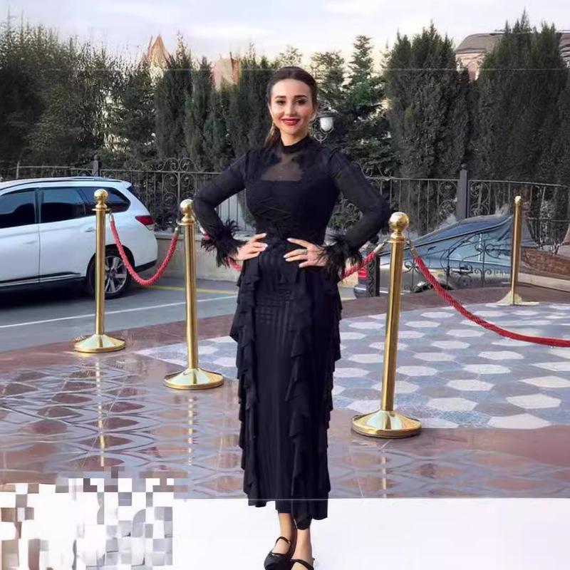 European and American New Fashion Elegant Slim Striped Perspective Long Sleeve Feather Beads Lace dress high quality Dress European and American New Fashion Elegant Slim Striped Perspective Long Sleeve Feather Beads Lace dress high quality Dress