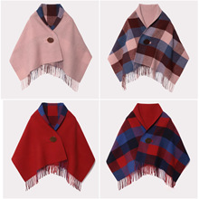 西太后经典土星双面羊毛披肩日本格子纯色两面可穿围巾现货包邮