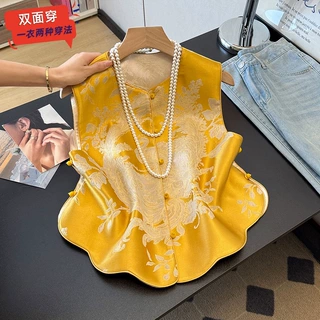实拍新中式两面穿缎面提花新款改良女弧形花边下摆国风坎肩女马甲