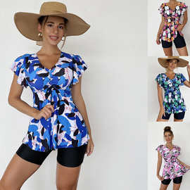 欧美外贸亚马逊新款裙式坦基尼泳装 印花修身短裙平角裤泳衣女