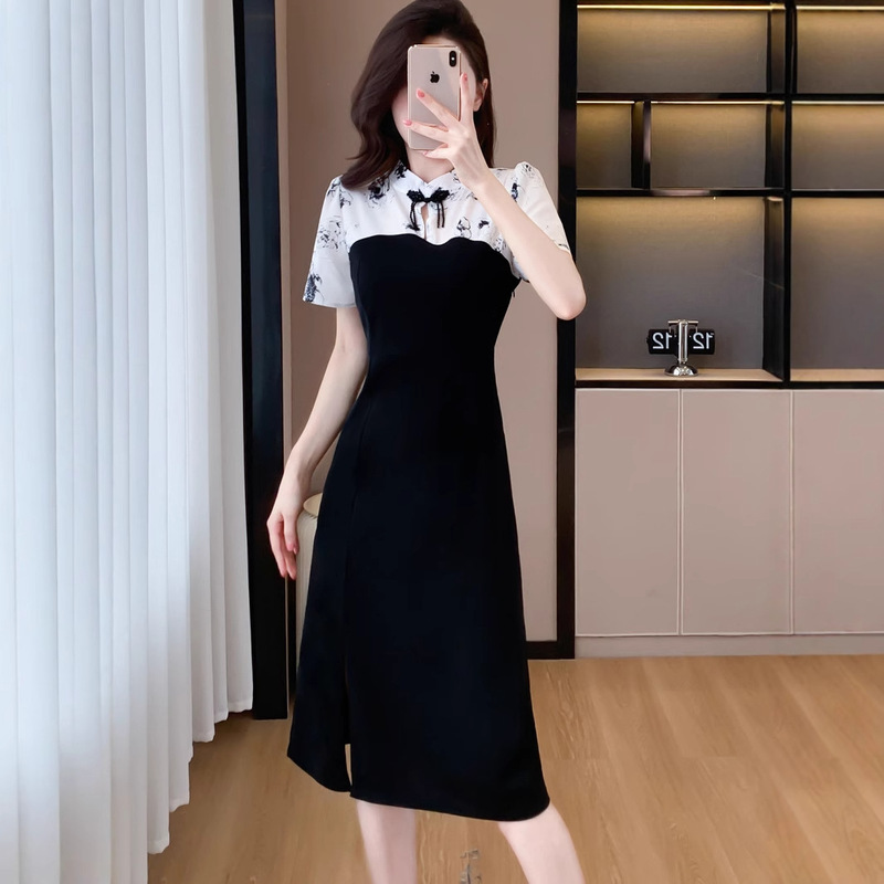 New Chinese Style Cheongsam Petite Button Dress 2025 Summer New Spliced Elegant Slimming Short Sleeve Dress