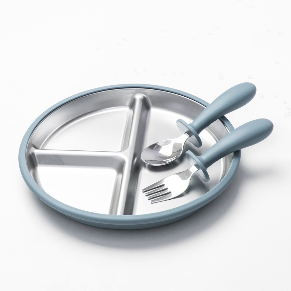 Blue dinner plate + round handle fork and spoon
