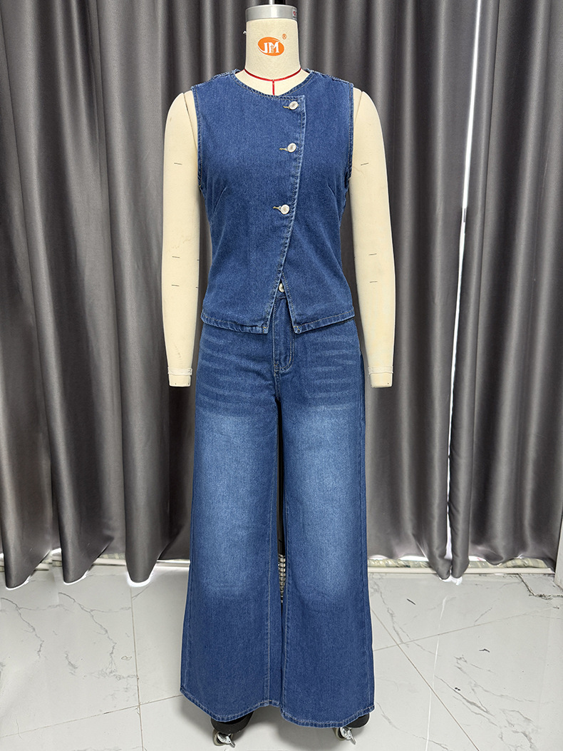 Conjunto de chaleco vaquero y pantalones anchos para mujer_voghion.com