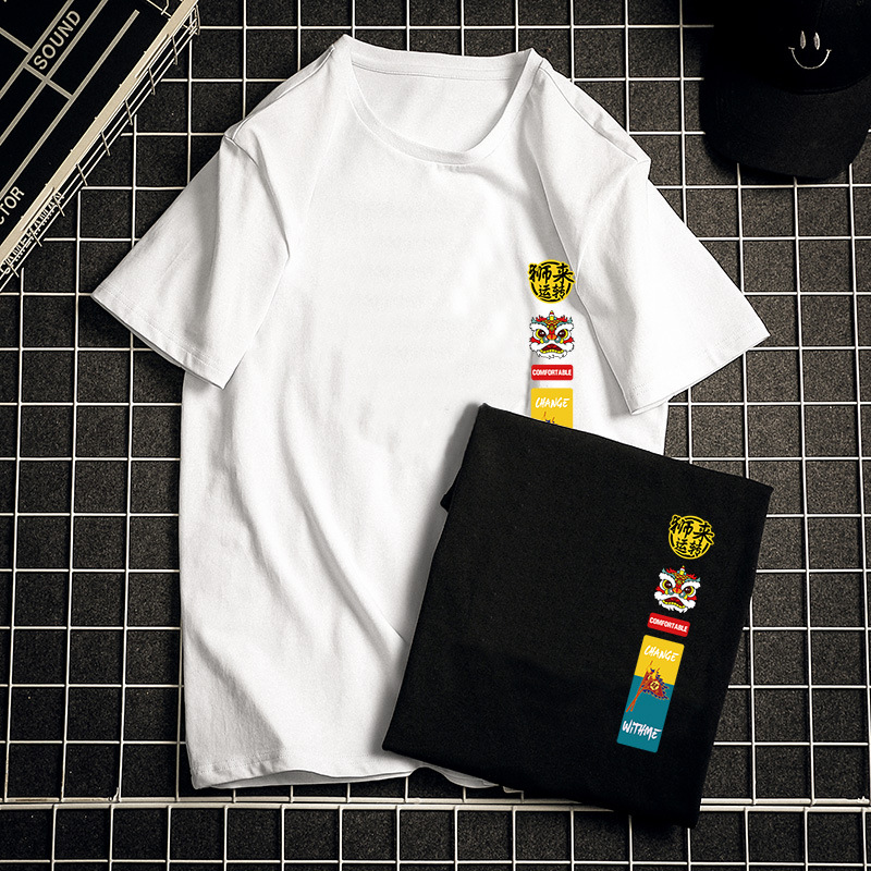 國潮短袖t恤男潮牌2022夏新款情侶純棉純色寬松大碼男圓領上衣服