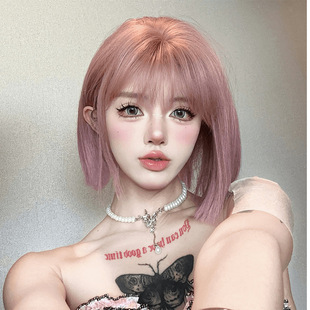 [Dream Barbie] Pink Age-reducing Short Straight Hair Full Head Cover Lisa Women's Group Fashion Wave Head Wig Cover Breathable