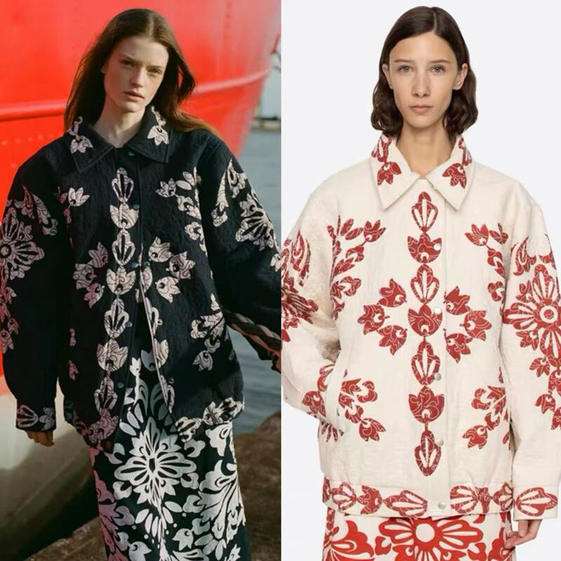 2025 Autumn/Winter New Winter Jacket Retro Tengtu Print Quilted Oversized Lapel Loose Casual Jacket Cotton Coat