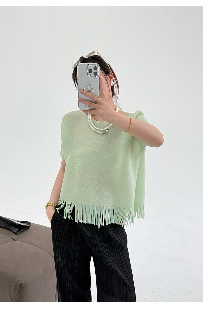 Áo thun nữ cổ tròn tay ngắn xếp ly tua rua form rộng — Màu xanh lam nhạt chi tiết 11
