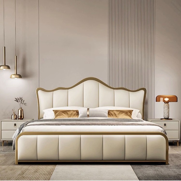 Cama de cuero ligera de lujo, cama principal, cama queen, habitación moderna y minimalista, cama doble para adultos, cama de matrimonio de lujo de alta gama, paquete flexible, cama italiana.