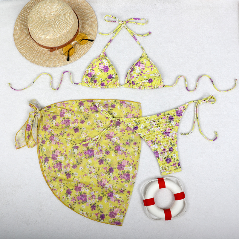 36g Weight Sleeveless Sleeve Length Polyester Fabric Type 3 Pieces Set Quantity Beach, Swimming Occasion Halter Neck Neckline Slim Fit Type Ditsy Floral Pattern Women's Gender Sexy Style Women's Sexy Ditsy Floral 3 Pieces Set Bikinis Swimwear 17