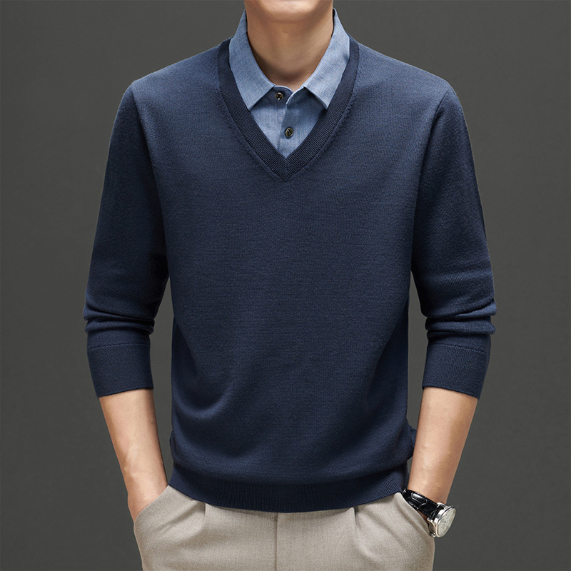 남자 가짜 투피스 최악의 스웨터 셔츠 칼라 가을과 겨울 두꺼운 따뜻한 비즈니스 캐주얼 48 울 베이스 셔츠