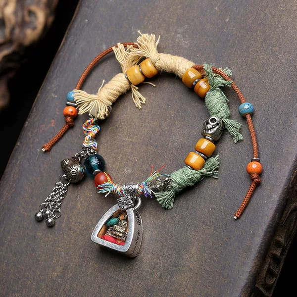 Xizang-Style Pharmacist Buddha Old Silver Gawu Box Pendant Handmade Woven Bracelet Red String Bracelet for the Year of Birth Wholesale