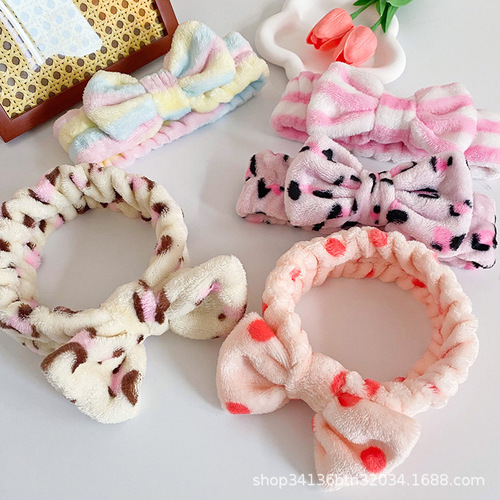 Korean Version Women's Striped Polka Dot Leopard Print Bow Hair Band Headwear Flannel Sports Washable Hair Ties Hair Band Wholesale