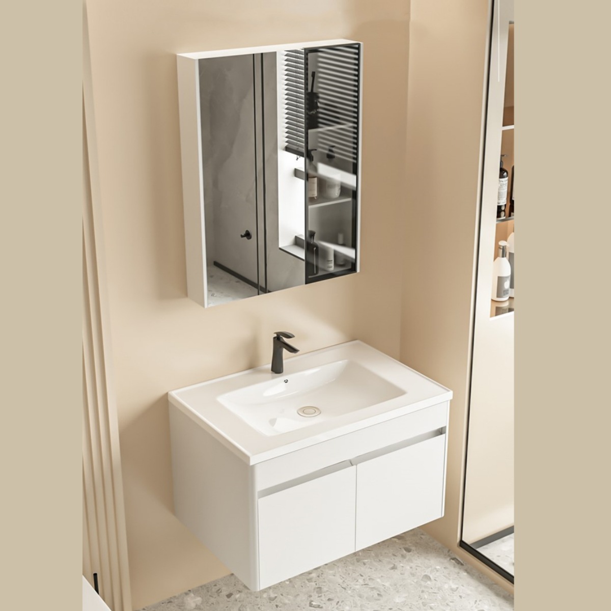 Cuenca cerámica integrada tipo casa pequeña con aire de crema gabinete de baño de acero inoxidable gabinete de lavabo