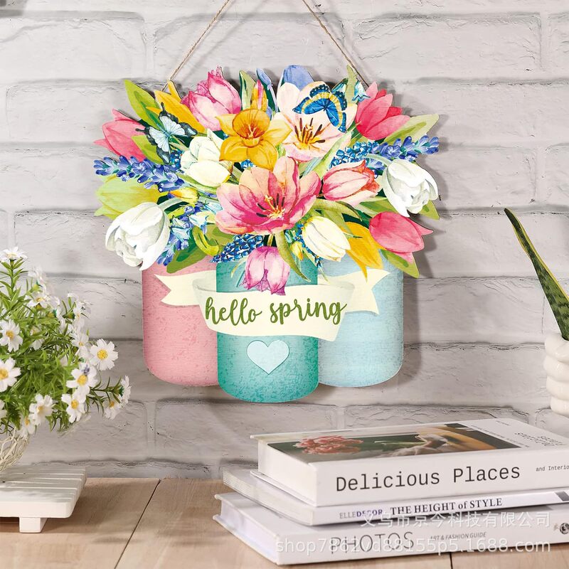 Spring welcome sign wooden front door decoration hanging outdoor wooden farmhouse porch decoration (flower style)