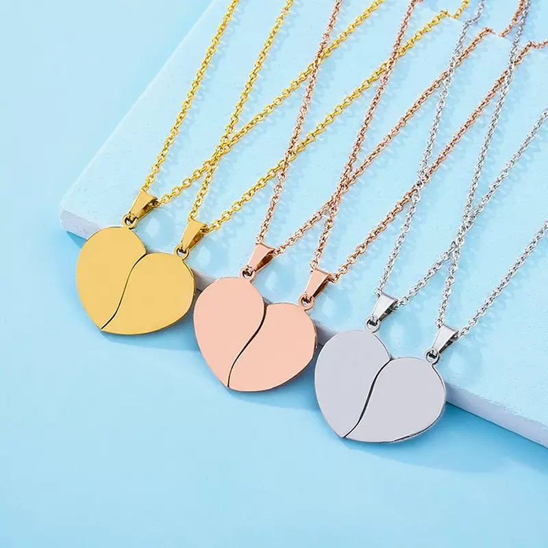 钛钢项链欧美跨境情侣半心款空白无字材料节日礼物刻字不锈钢项链