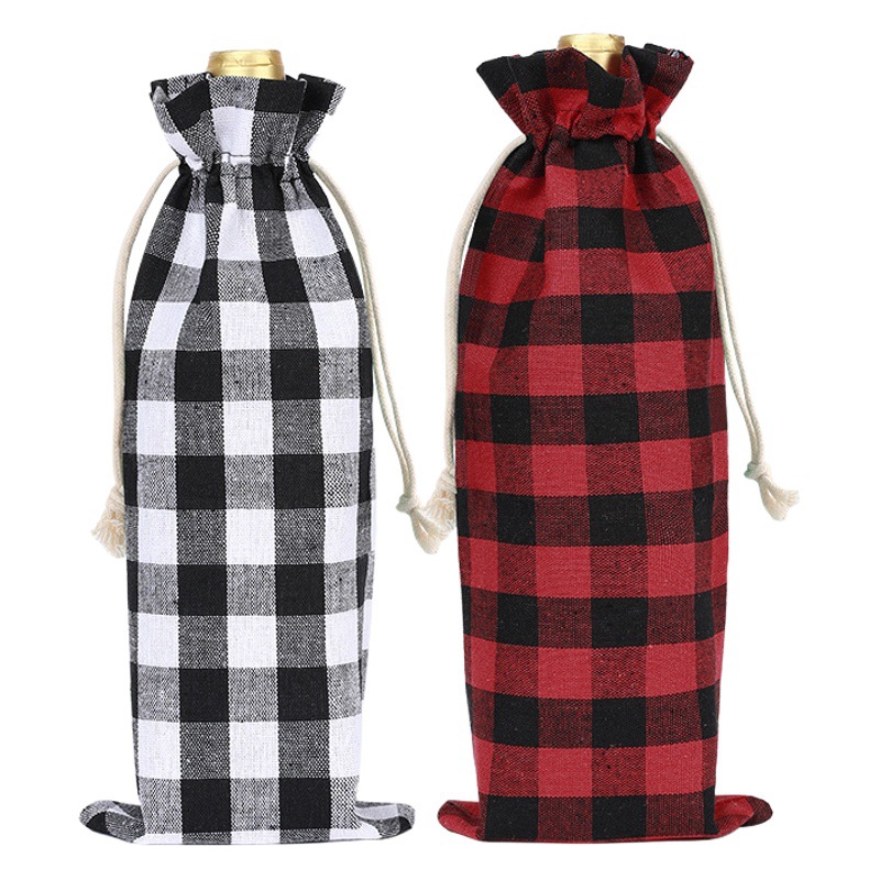 Bolsa de botella de vino de lino a cuadros de Navidad traje 12 etiquetas bolsa de lino de vino tinto con cordón bolsa de embalaje al por mayor