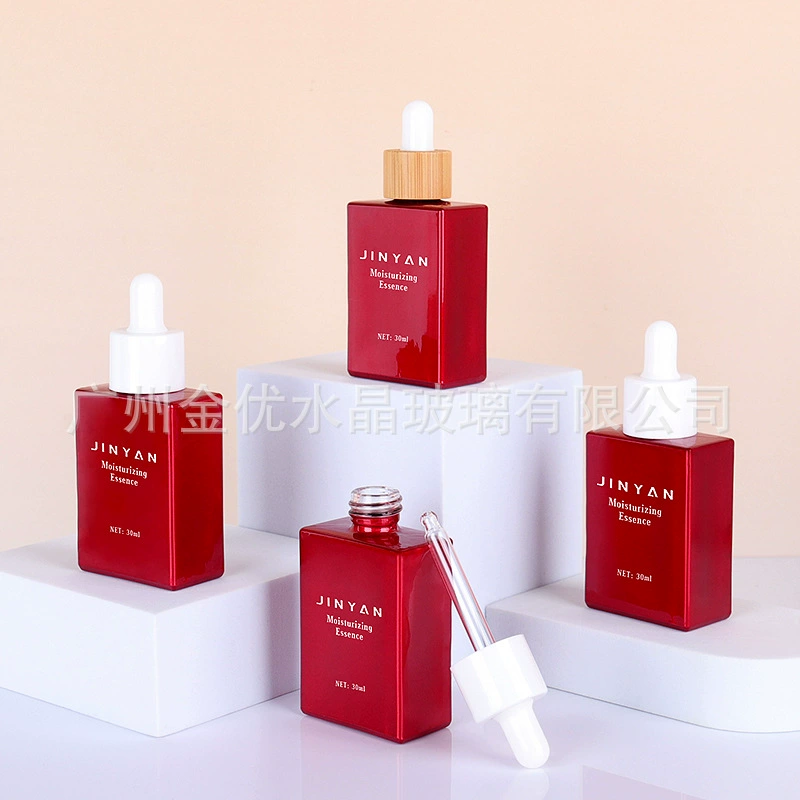 Jinyou жемчужно-красный плоский квадрат 30ml капельница эссенка может быть снабжена бамбуковым и деревянным кольцом высокого класса эфирного масла для ухода за волосами стеклянная бутылка