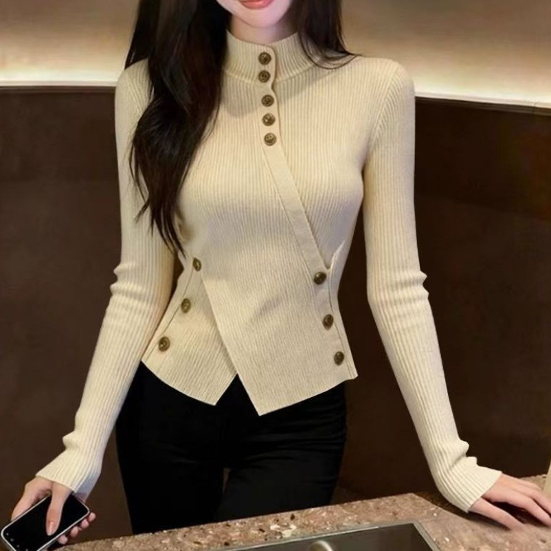 Autumn and Winter Retro Apricot-Colored Half-Turtleneck Sweater Knitted Base Shirt for Women with a High-End Feel, Waist-Cinching, Regular Shoulder, Long-Sleeved Top