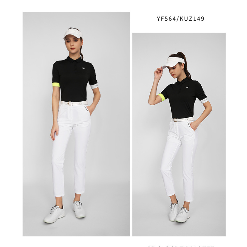 Áo thun nữ golf PGM tay ngắn phối màu thoáng khí — YF564-Áo màu trắng, YF564-Áo màu đen, KUZ149-Quần màu xanh nước biển, KUZ149-Quần Trắng