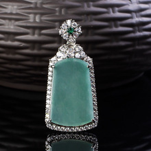 天然A货绿翡翠梯形无事牌镶嵌吊坠冰糯种玉石挂件男女款项链