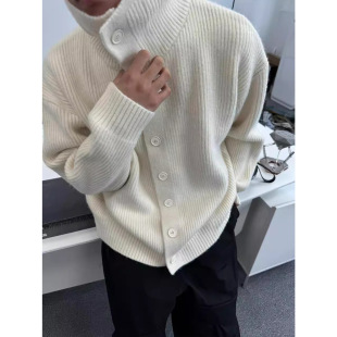 JTFS clean autumn and winter tricolor turtleneck button cardigan sweater casual loose all-match long sleeve men's and women's Maillard