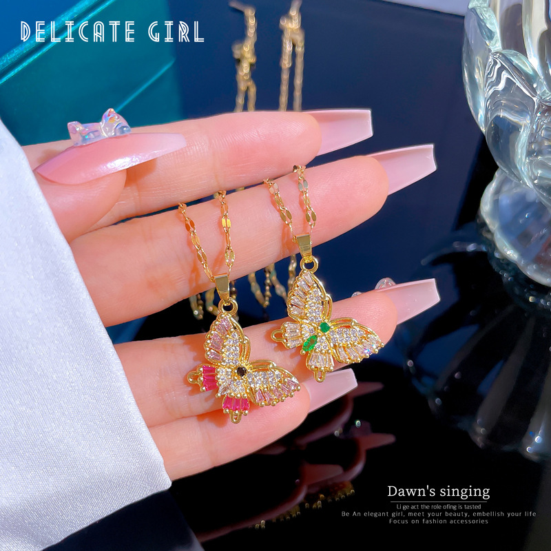 Ethnic Style Butterfly Titanium Steel Copper Inlay Zircon Pendant Necklace 1 Piece