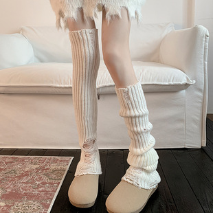 Boots with Cotton Ripped Slouch Socks for Women, Knitted Spring and Autumn Bell-Bottom Long Leg Warmers, Y2K Solid Color Over-The-Knee Gray Calf
