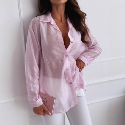 Spring New Amazon Cross-border Women's Fashion European and American Sexy Pure Color Heat Transfer Rhinestone See-through Single Button Long-sleeved Shirt 
