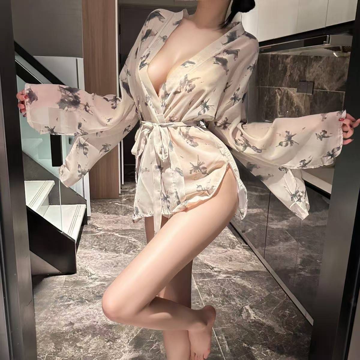 Butterfly Print Sheer Kimono Robe Set with Thong, One Size Polyester — detail image 5