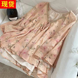 梅子熟了“莫奈小衫”金丝线绣花印花浪漫度假风荷叶摆法式娃娃衫