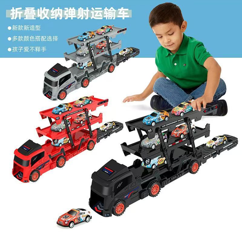 Children's three-layer alloy storage container truck foldable deformation large truck track ejection simulation boy toy car