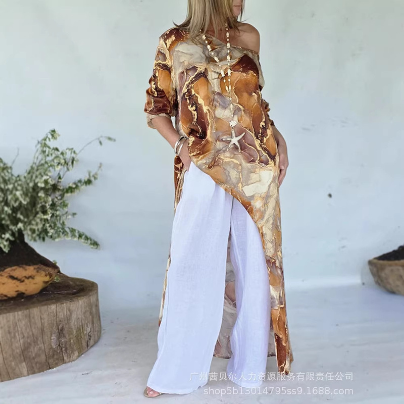 Gold Marble Print Long-Sleeved Loose Top with Asymmetrical Hem--Lzr20037
