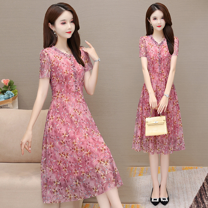 Summer Silk Chiffon Dress 2026 Korean Style Women's Fashion for Petite Figures, Mulberry Silk Dress for Middle-Aged Moms