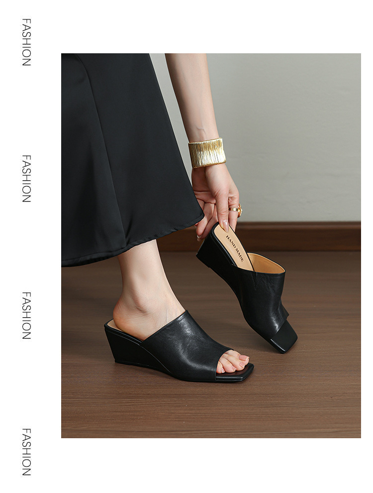 Sandal cao gót nữ hở mũi da bò mũi vuông quai ngang đế xuồng — màu đen, Màu caramel chi tiết 7