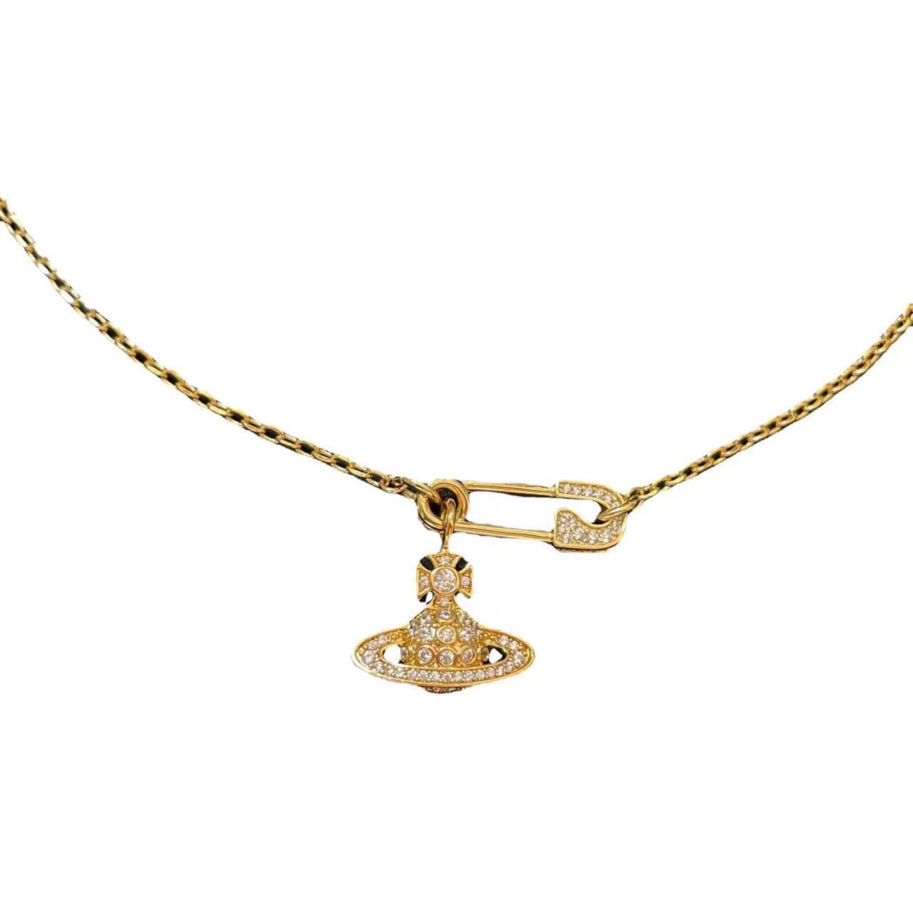 Empress Dowager Full Diamond Saturn Pin Chain Necklace Women's Hollow Shine Paper Stacked Clavicle Chain High Version