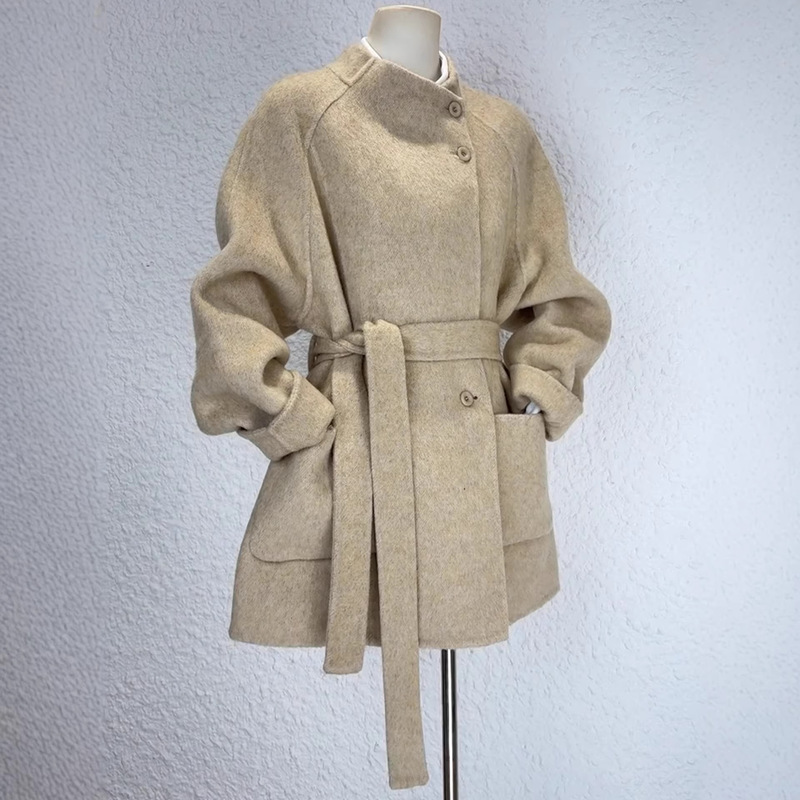 2025 New Double-Sided Wool Coat, Mid-Length Stand Collar, Thickened with Drawstring, Large Pockets, Double-Sided Wool Jacket for Women