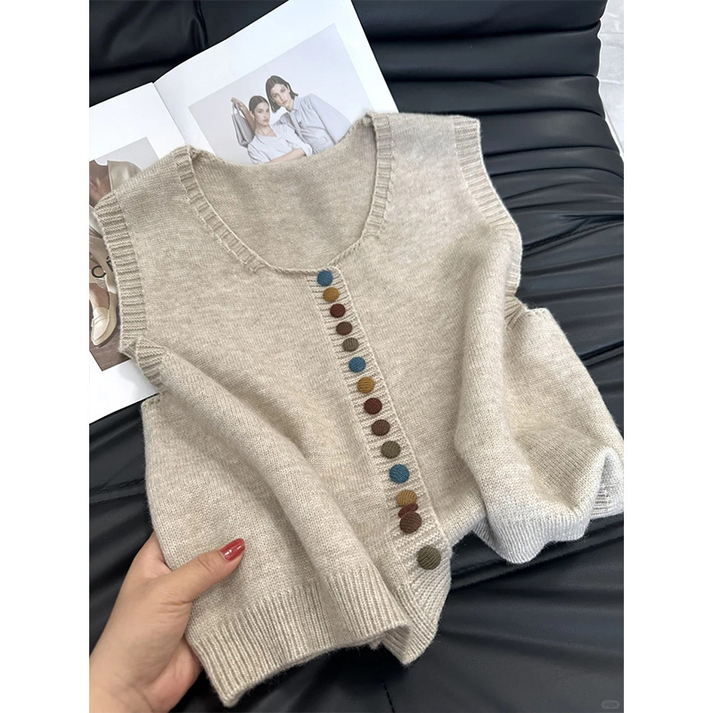 French High-end Sense Colorful Button Knitted Vest Cardigan Women's Autumn and Winter Loose Slimming Stacked Waistcoat Vest