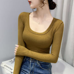 【メーカー直販】ネジベースの女性長袖の純色の中にガードルと春秋タイプの修身uネックtシャツを合わせます。