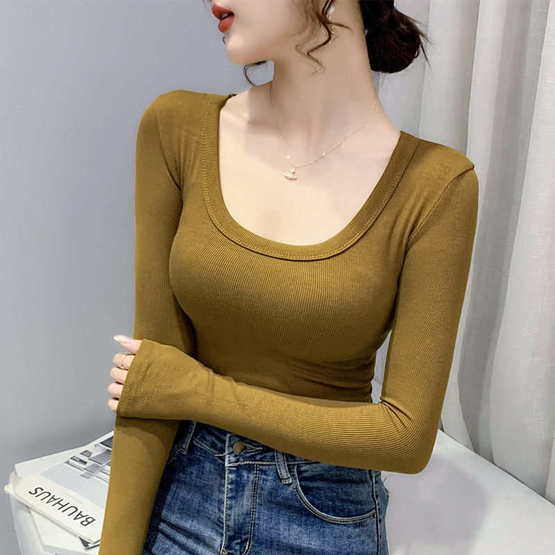 [Factory Direct Sales] Threaded Bottoming Shirt for Women, Long-Sleeved Pure Color Inner Layer, Tight-Fitting Spring & Fall Style, Slim and Versatile U-Neck T-Shirt