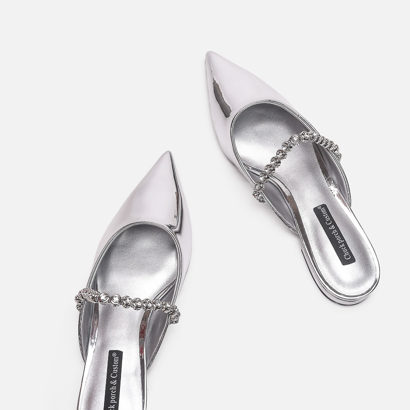 Silver Gemstone Chain Pointed Toe Mules For Women Elegant Flats_voghion.com