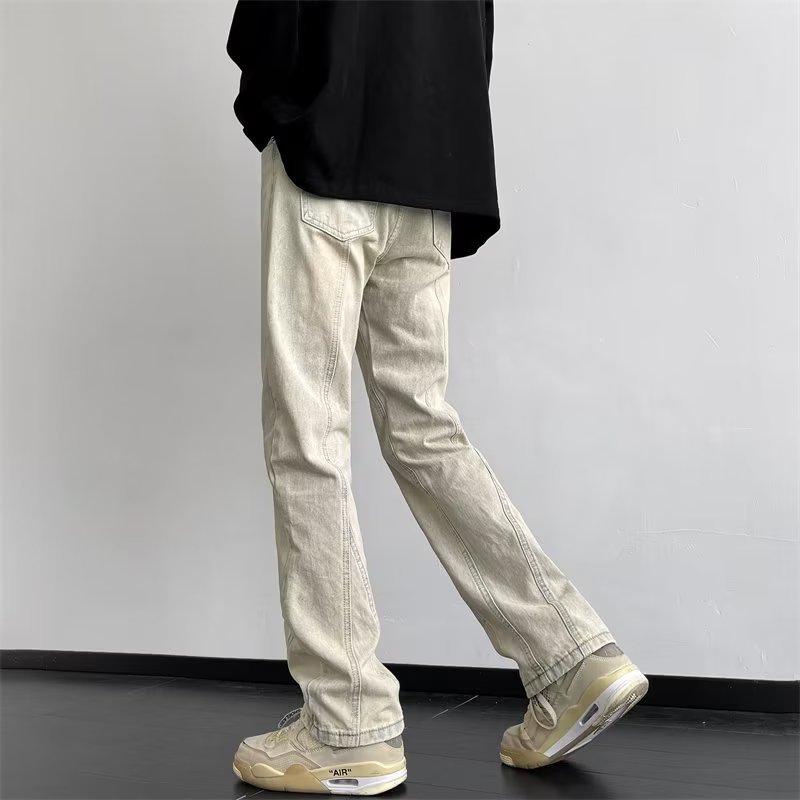 Pantalones retro estadounidenses, jeans teñidos de barro amarillo lavados en la calle, jeans rectos delgados y delgados para hombres