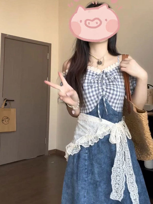 フォレストスタイルのレトロで甘いデザインのデニムステッチフェイクツーピースドレス女性の夏の新しい気質痩身ロングスカート|undefined