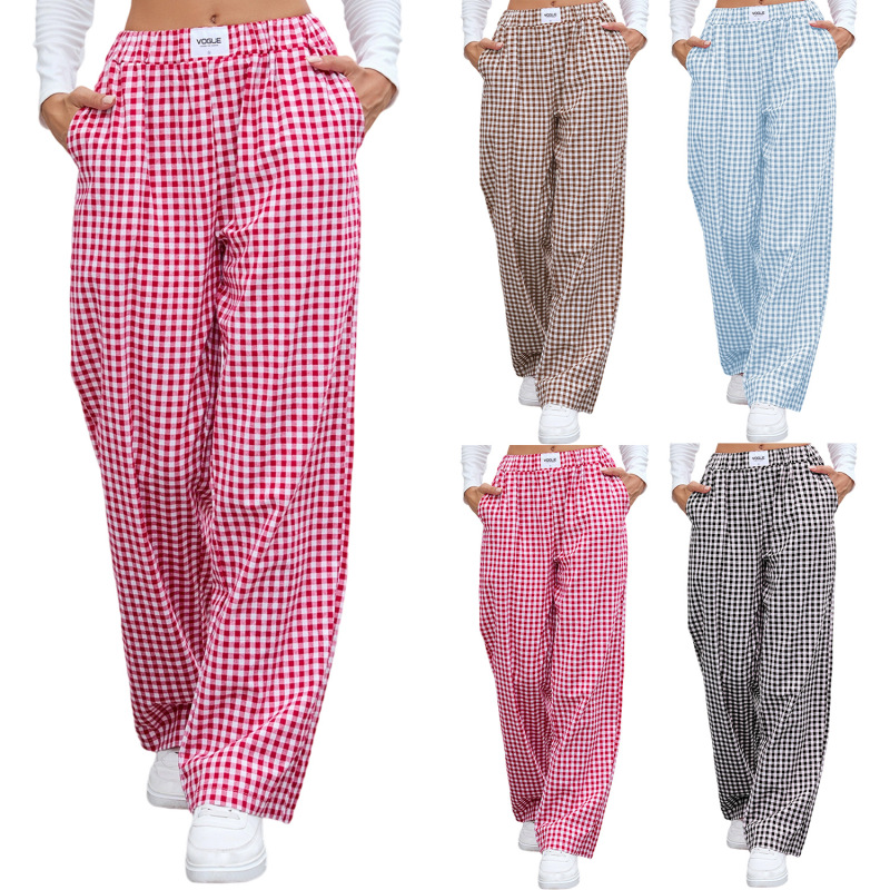 European and American Cross-Border Women's Clothing 2026 Amazon New Pure Cotton Plaid Casual Loose Pocket Long Pants for Women