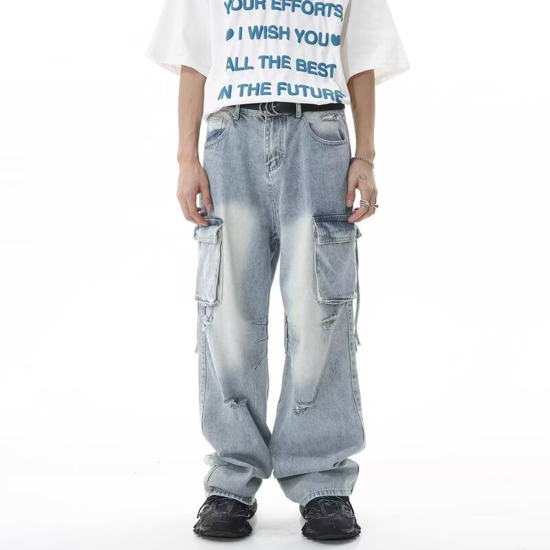 Wide-leg Tooling Jeans Couple Same-style Tooling Side Pocket Design Sense Loose Straight Slim Look Micro-blare Jeans Trendy