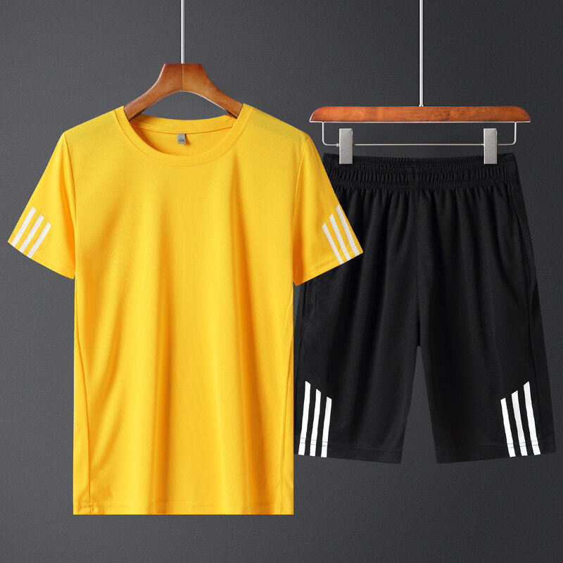 Traje deportivo transfronterizo de verano de secado rápido para hombre, conjunto de pantalón corto y camiseta de manga corta, traje de tres rayas personalizado para comercio exterior, conjunto de dos piezas de talla grande para hombre