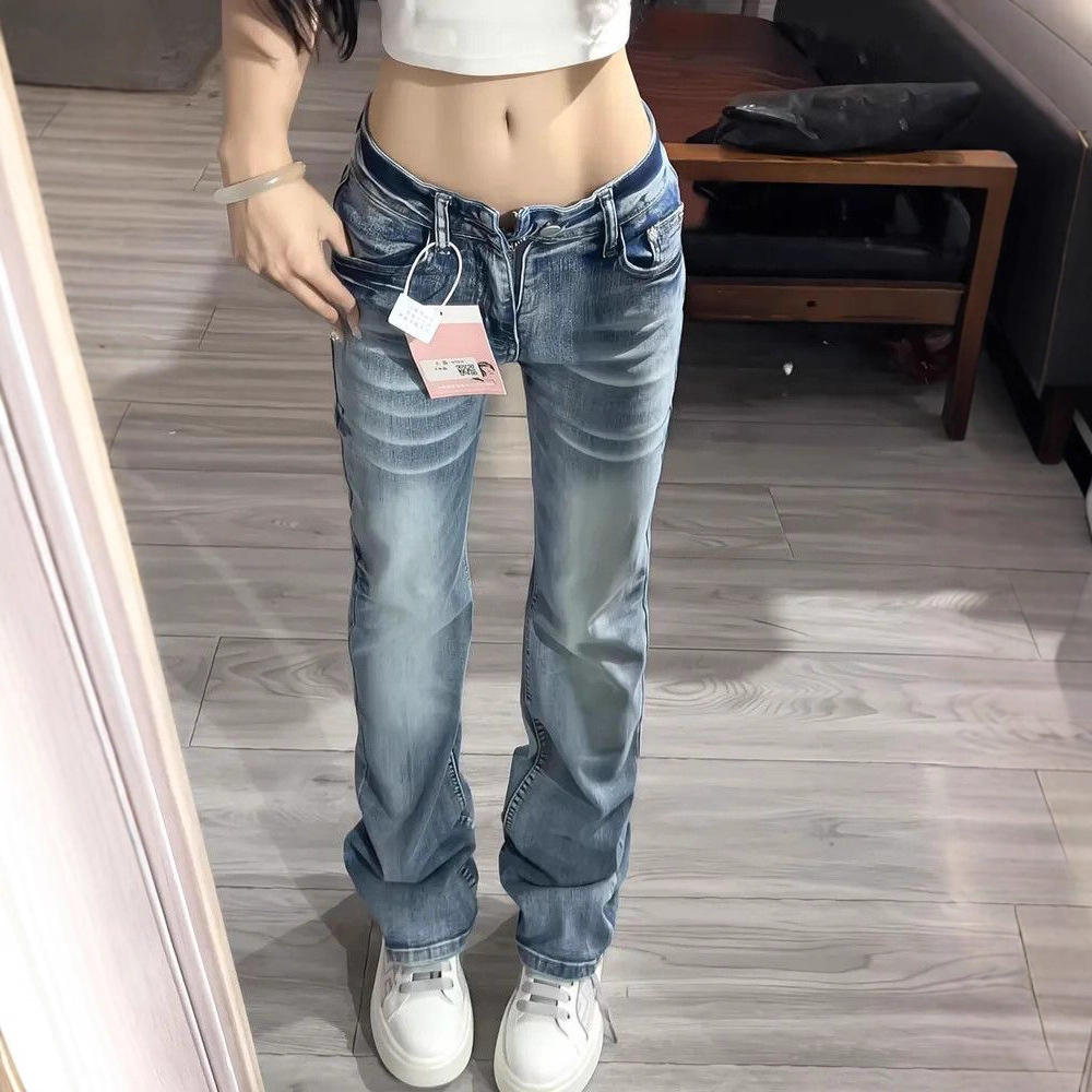小个子美式小众新款低腰窄版直筒裤女2025秋冬修身显瘦微喇牛仔裤