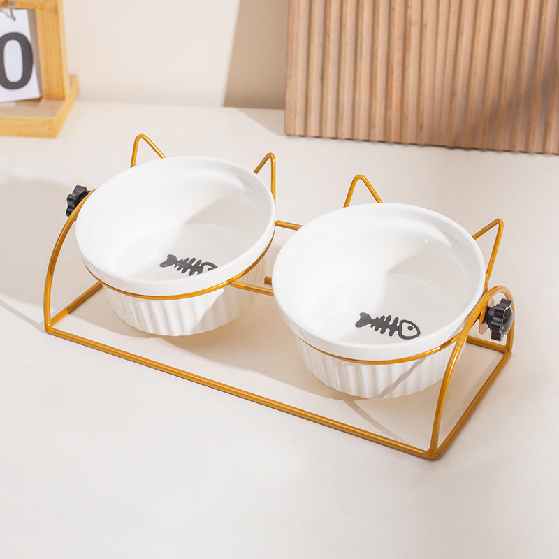 Tazón de cerámica para gatos, cuello de protección de pies altos, soporte de fijación de doble tazón anti-derroque para mascotas, tazón de alimentación para perros y gatos, ángulo de inclinación ajustable