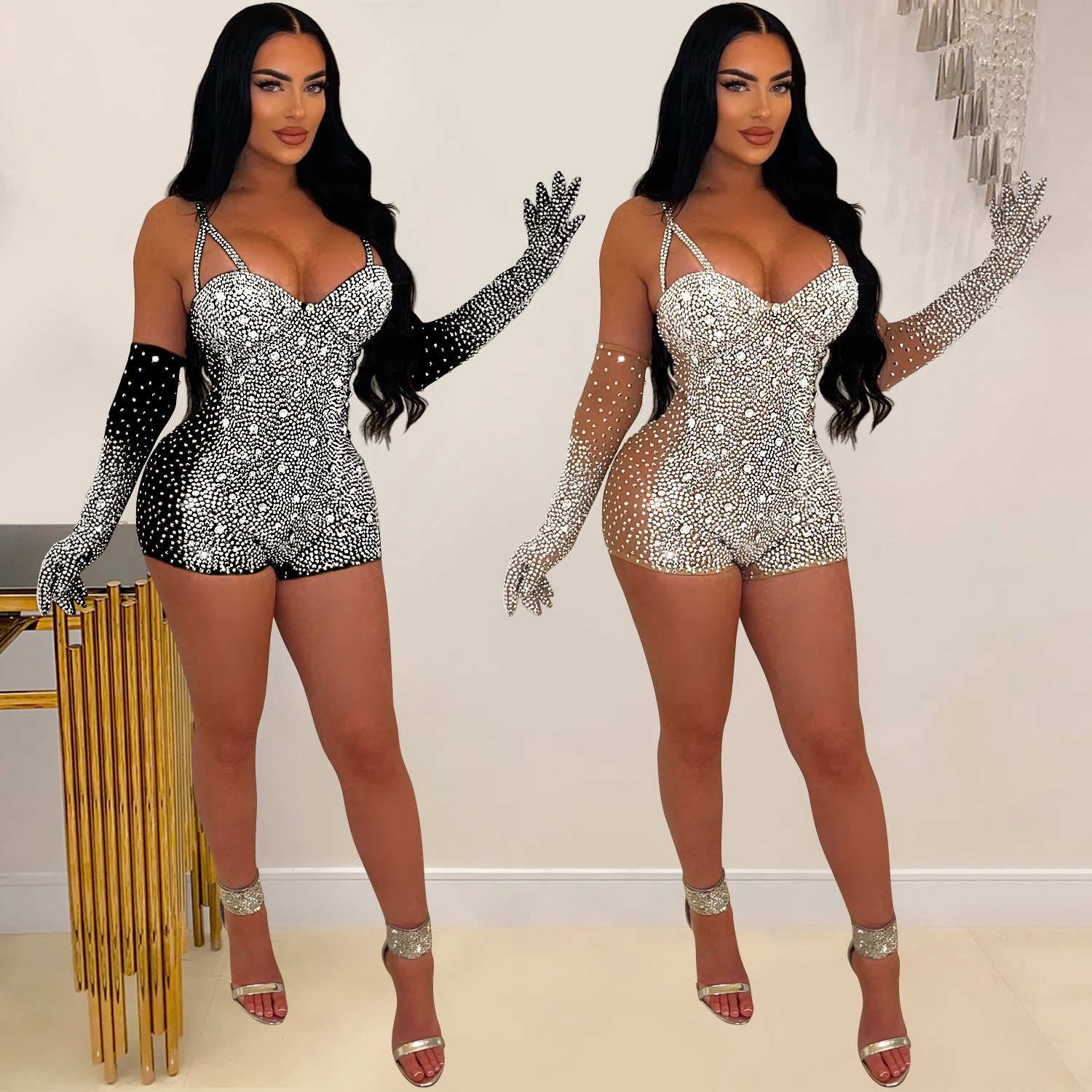C6902 Aliexpress transfronterizo Amazon Europa y América de moda de mujer de color sólido malla de diamante transparente pantalones cortos monje