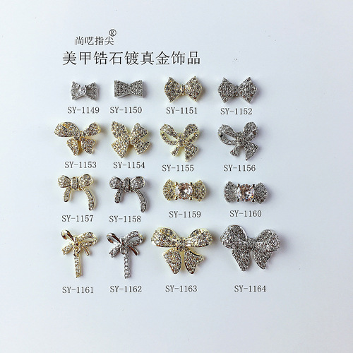Nail art plated with real gold zircon jewelry love bow full zirconium bow internet celebrity same style streamer bow manicure
